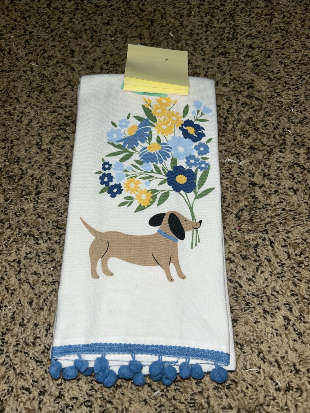 Dachshund Bouquet Blue Pom-Trim Kitchen Towel Set